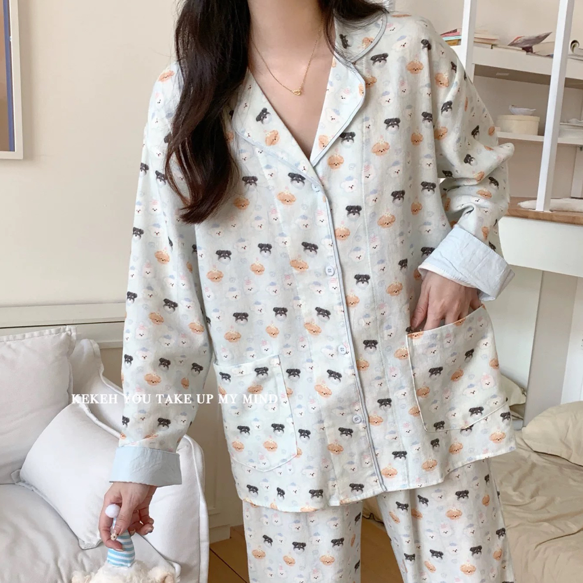 韩秋季磨毛棉简约卡通可爱休闲睡衣长袖裤家居服女