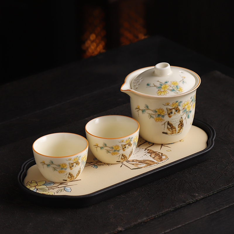 奶黄定窑萌猫手抓一壶两杯高档中式功夫茶具套装茶壶泡茶家用004