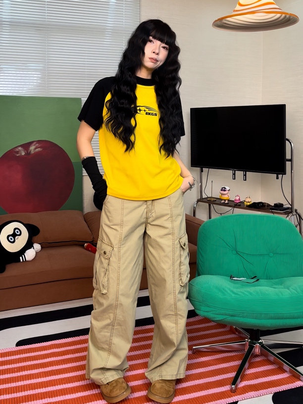 （褶皱洗水工装裤）美式复古直筒做旧阔腿裤