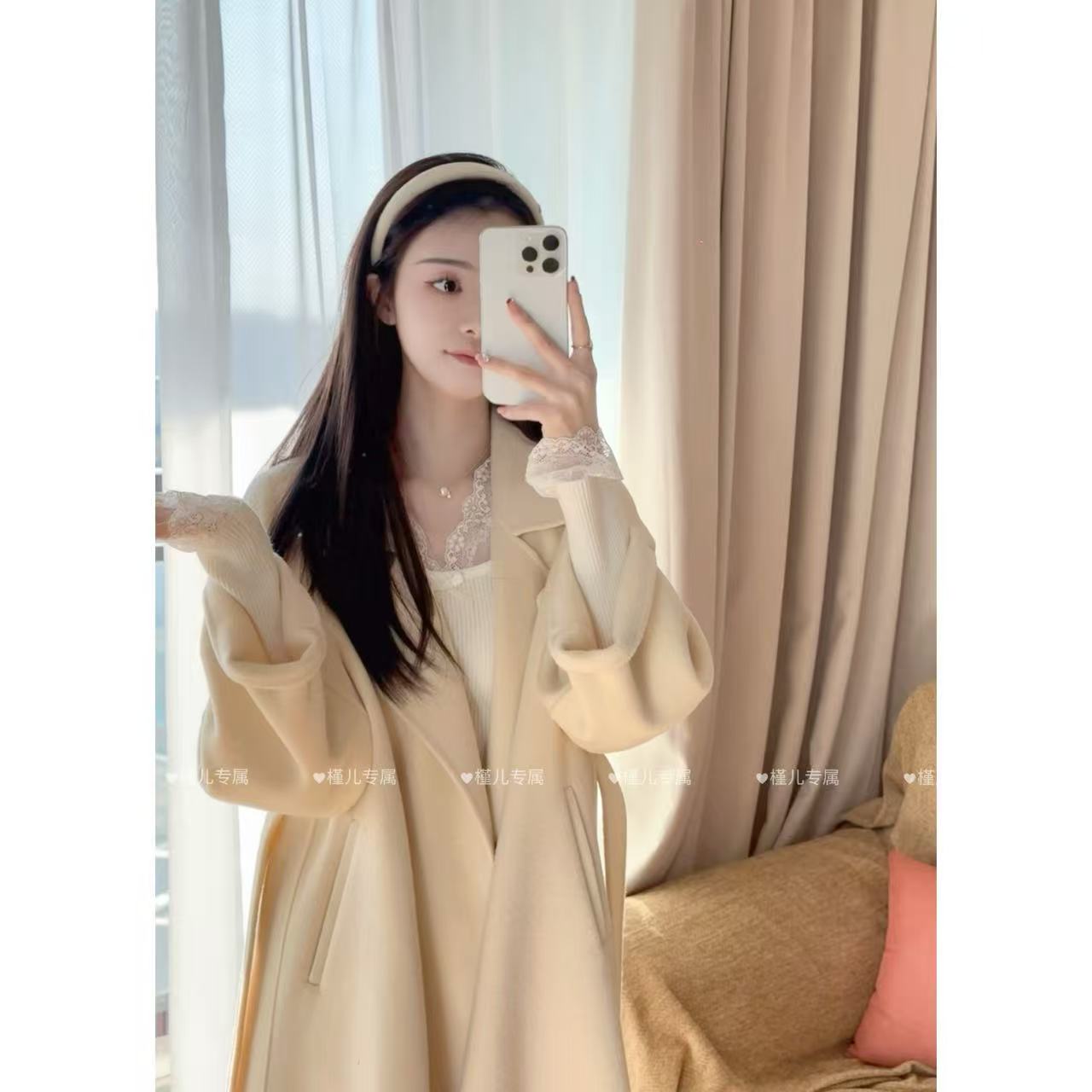 【槿儿】【西西里】 100％毛 爆款奶黄色气质长款慵懒纯手工羊毛大衣