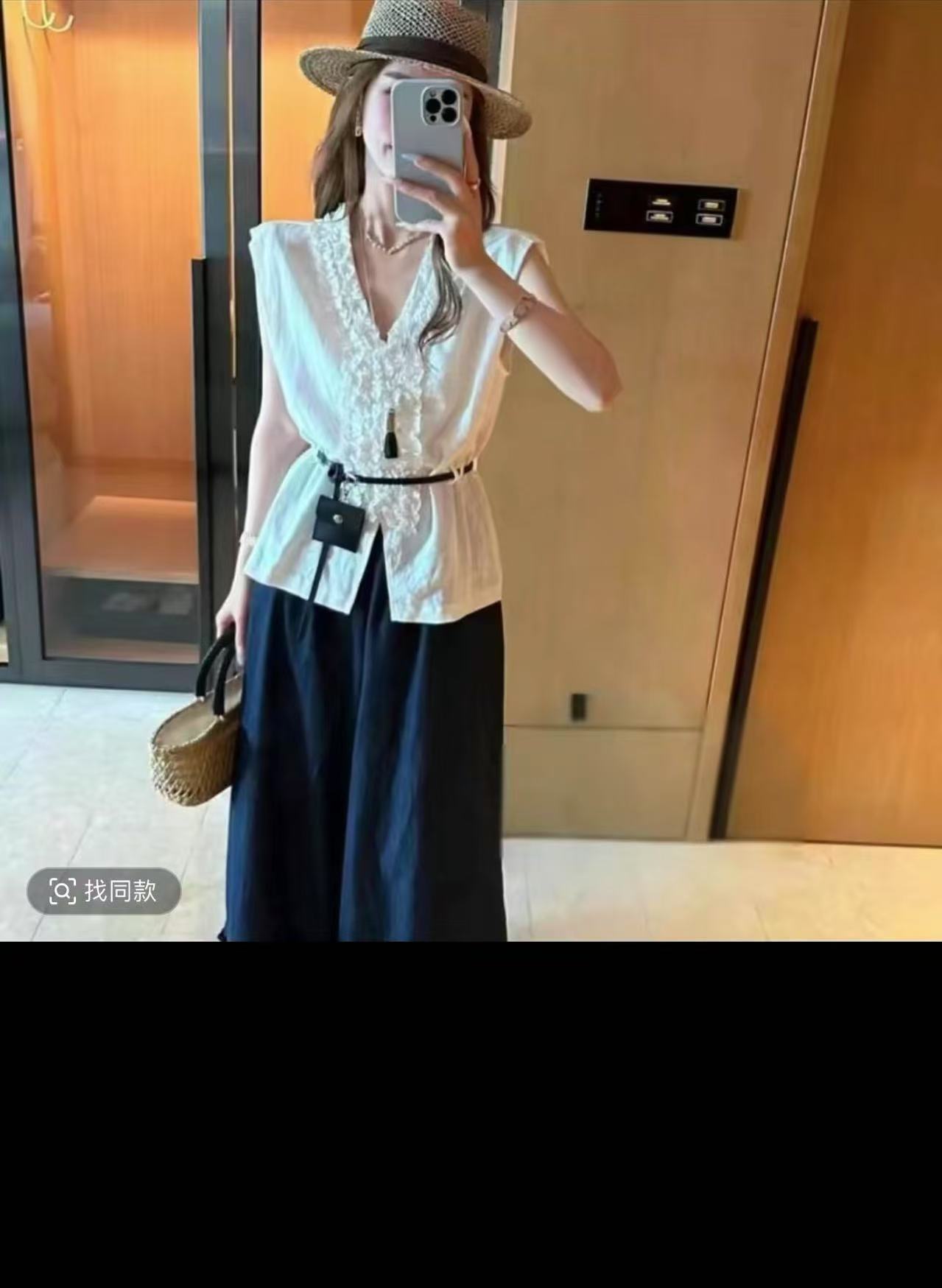 夏季薄款套装木耳宽松型V领无袖衬衫套装拼接气质公主风