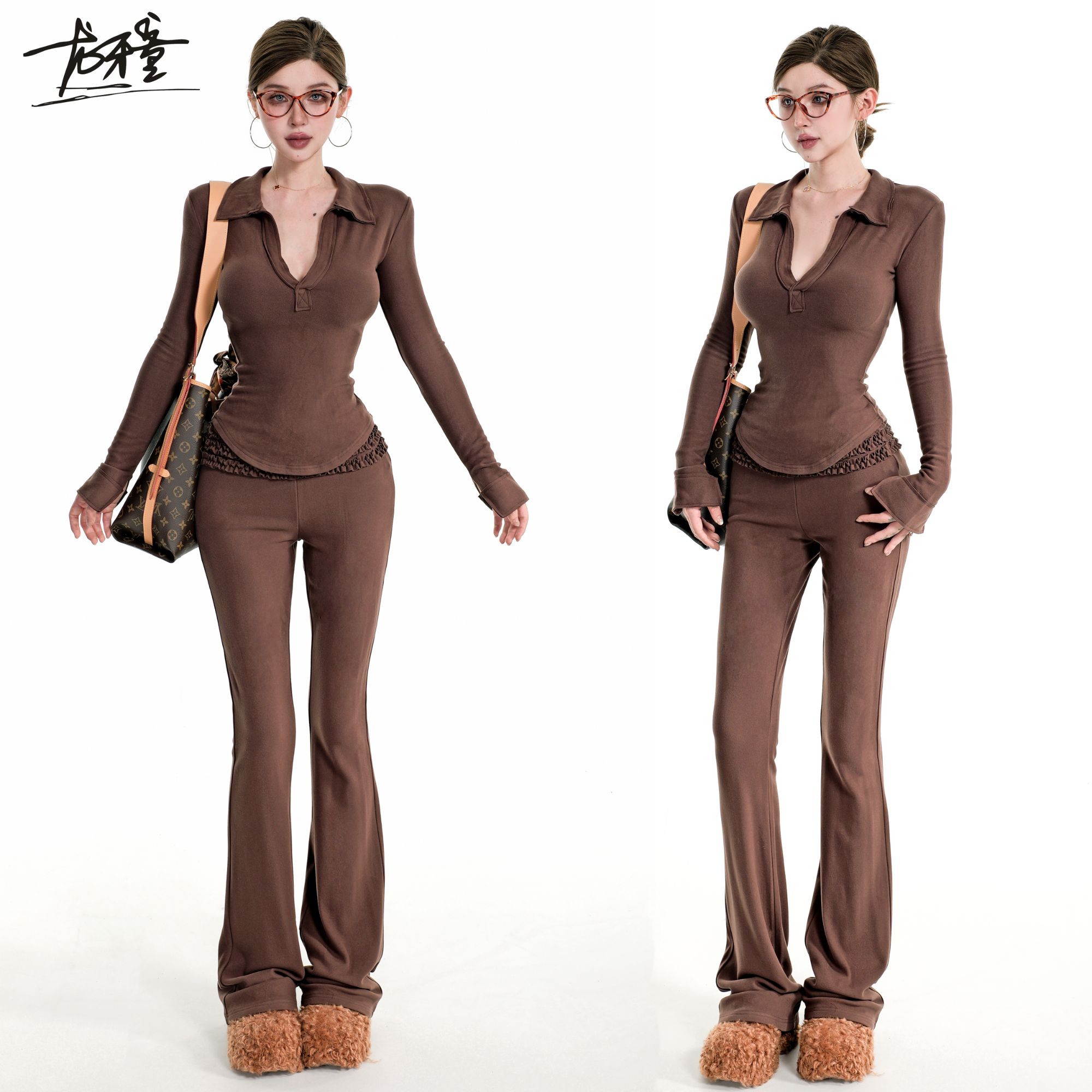 龙牙童推荐【穿搭教科书】秋冬复古港味女装秋套装显瘦气质长袖长裤