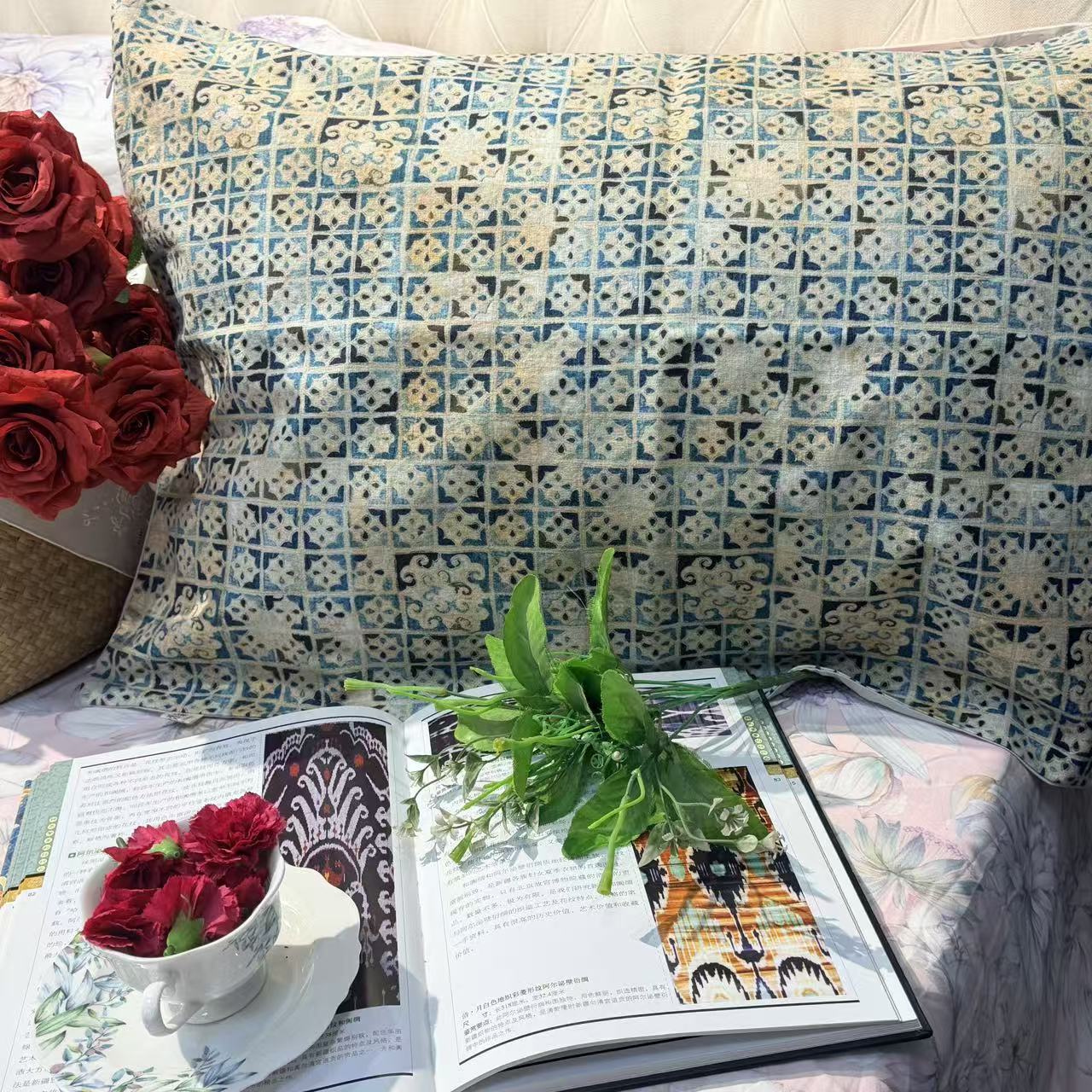 DZ404 【玫瑰汉麻】青花枕套48*74CM一对