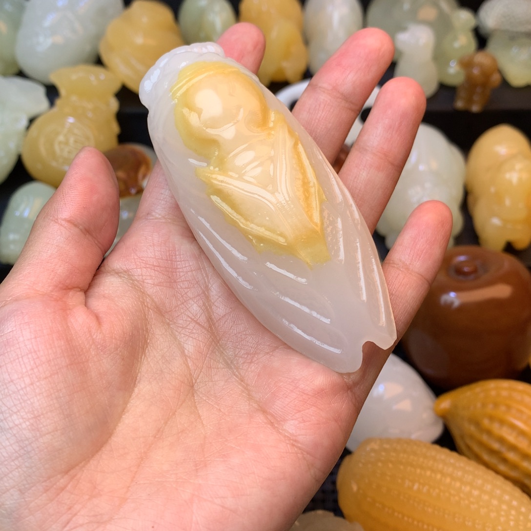 何***全五彩石手把件知了