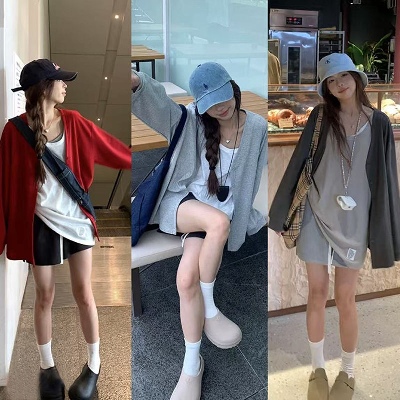 慵懒风纯色开衫女2025新款休闲显瘦韩版宽松V领长袖春秋薄款外套