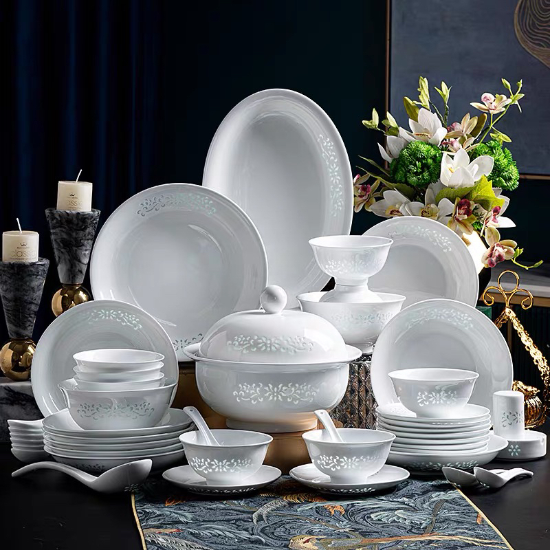 景德镇玲珑餐具套装简约中国风高温釉下彩碗盘碟家用乔迁餐具套装