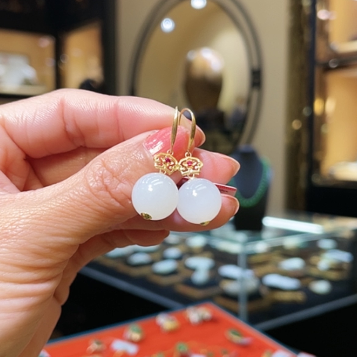 【闪购商品】和田玉耳饰18K金镶嵌12mm圆珠