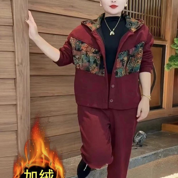 新款新中式印花拼接宽松休闲妈妈装开衫套装气质大码显瘦洋气时尚