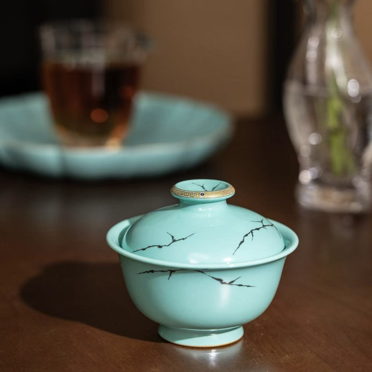 宝蕴阁珐琅彩松石绿釉石纹盖碗茶具手工高端瓷器