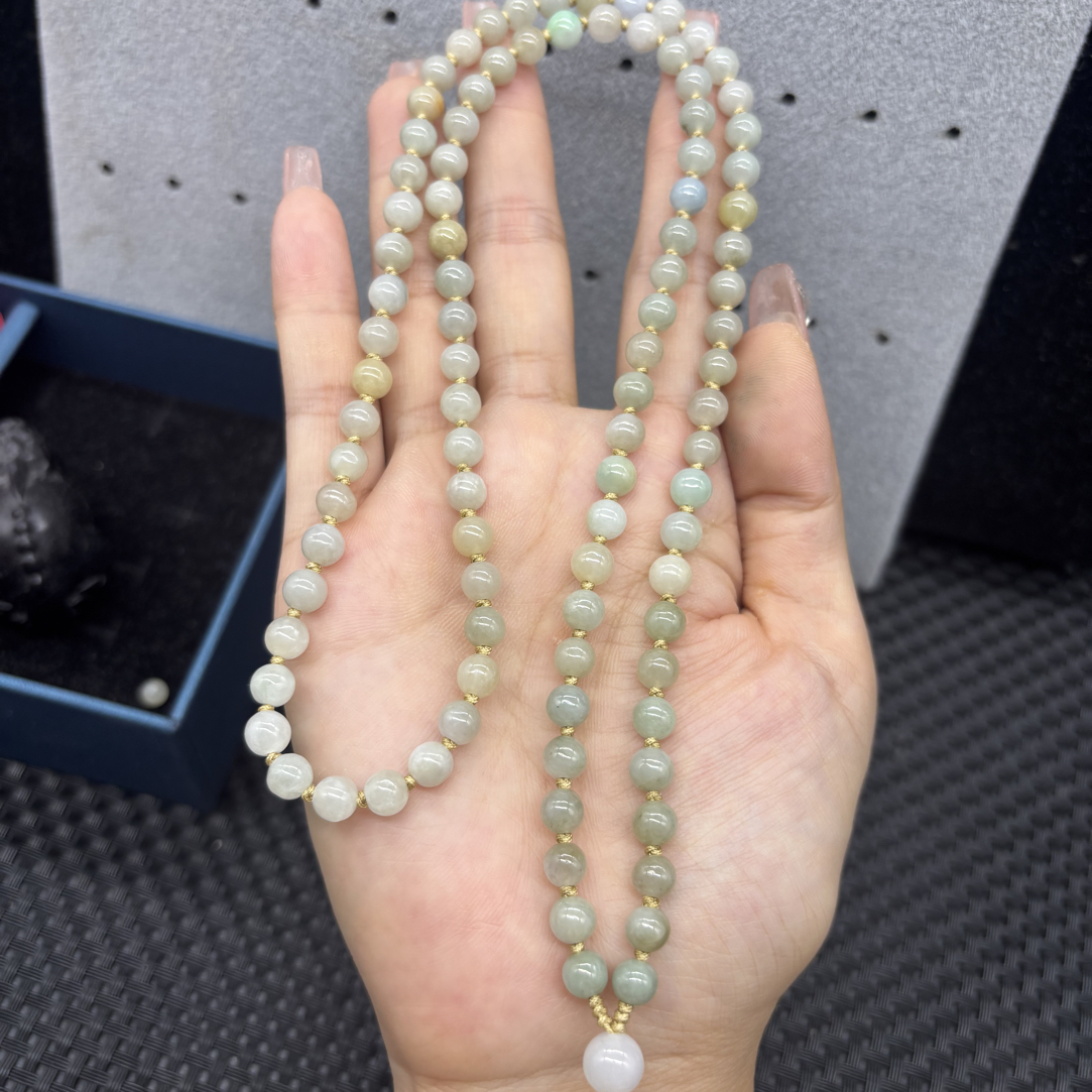 福利天然缅甸A货翡翠黄翡圆珠6mm玉石挂件绳毛衣链项链长链百搭款