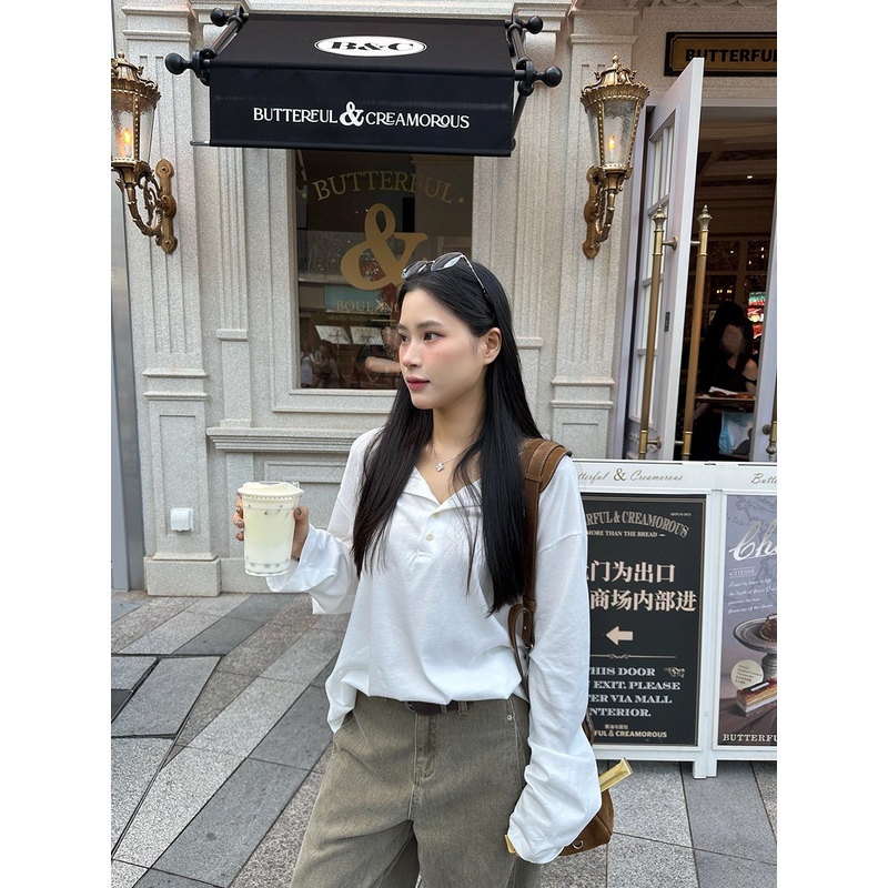 【清】NO退换ONEXH·2025冬季慵懒感半系扣上衣宽松韩系T恤打底衫