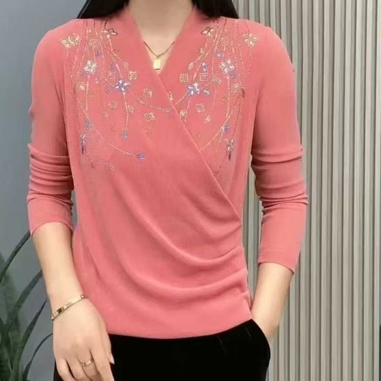 交叉领法式纱网休闲风中老年女装V领肌理图案修身型
