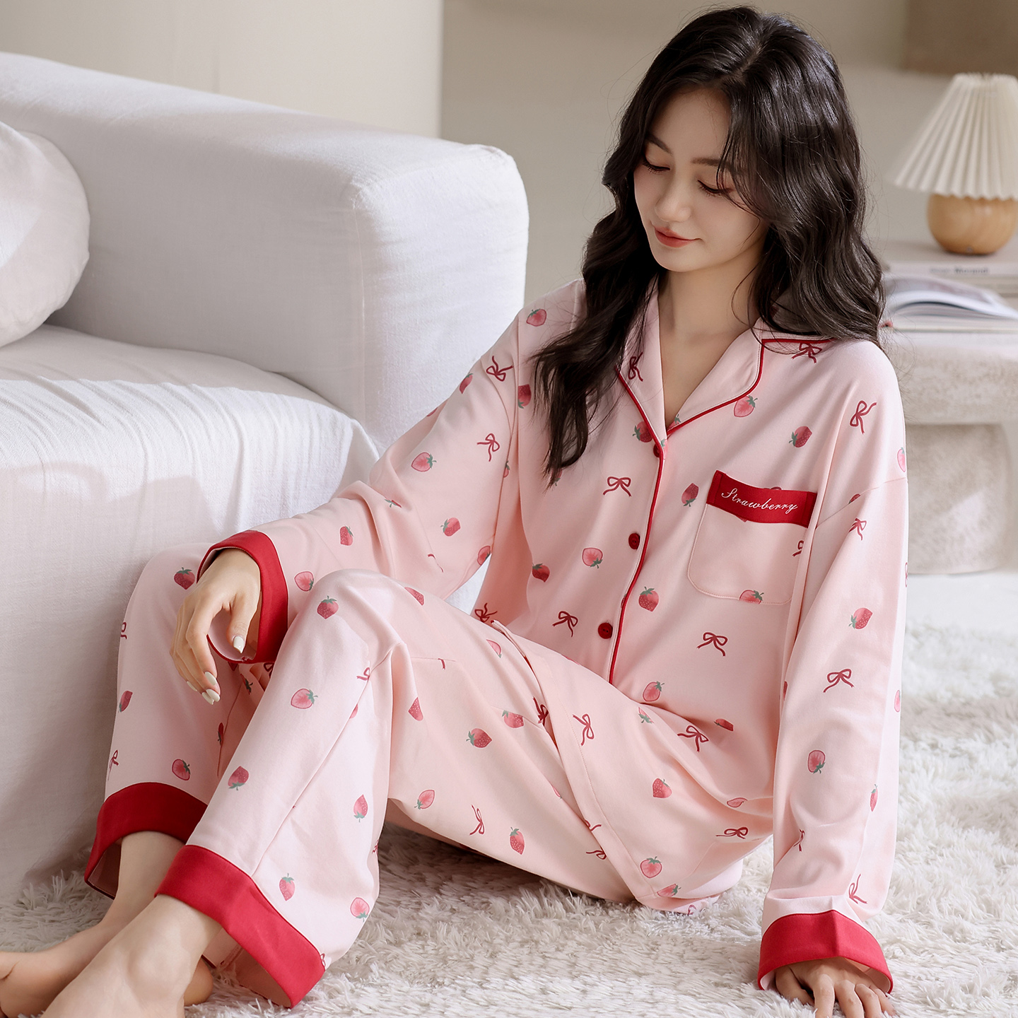 新款莉莉家女士加厚纯棉粉色草莓开衫长袖睡衣家居服套装可外穿