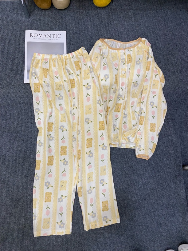 带杯垫长袖开衫可爱宽松睡衣套装ins风女家居服