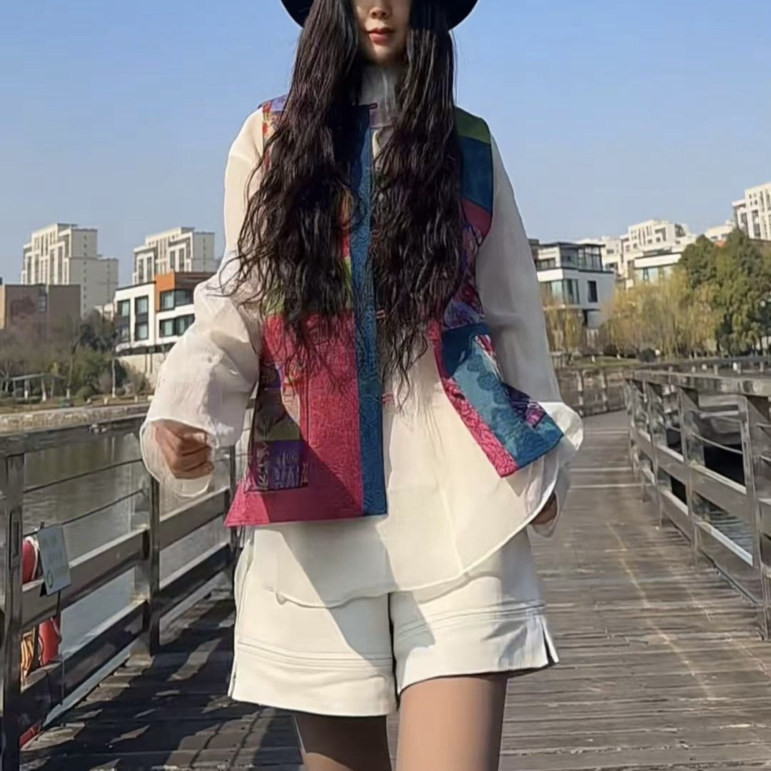 【周周家】早春新款时尚新中式国风提花撞色马甲上衣