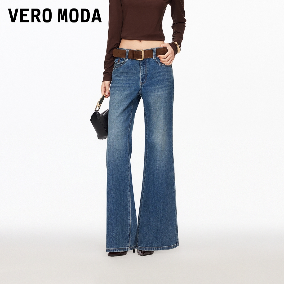 Vero Moda牛仔裤2026春季新款含棉腰带复古水洗微喇裤326132078