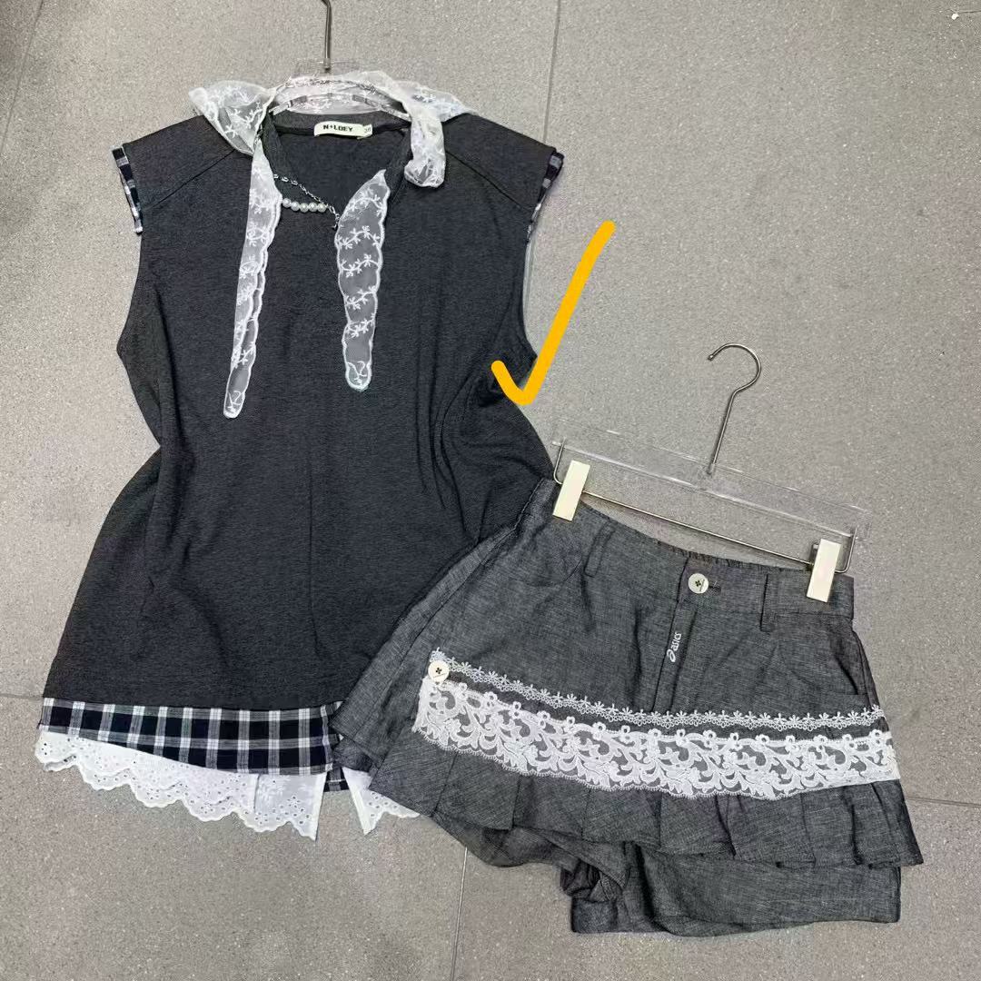 深圳南油高货N99休闲风时尚拼接格子无袖休闲女装蕾丝时尚运动