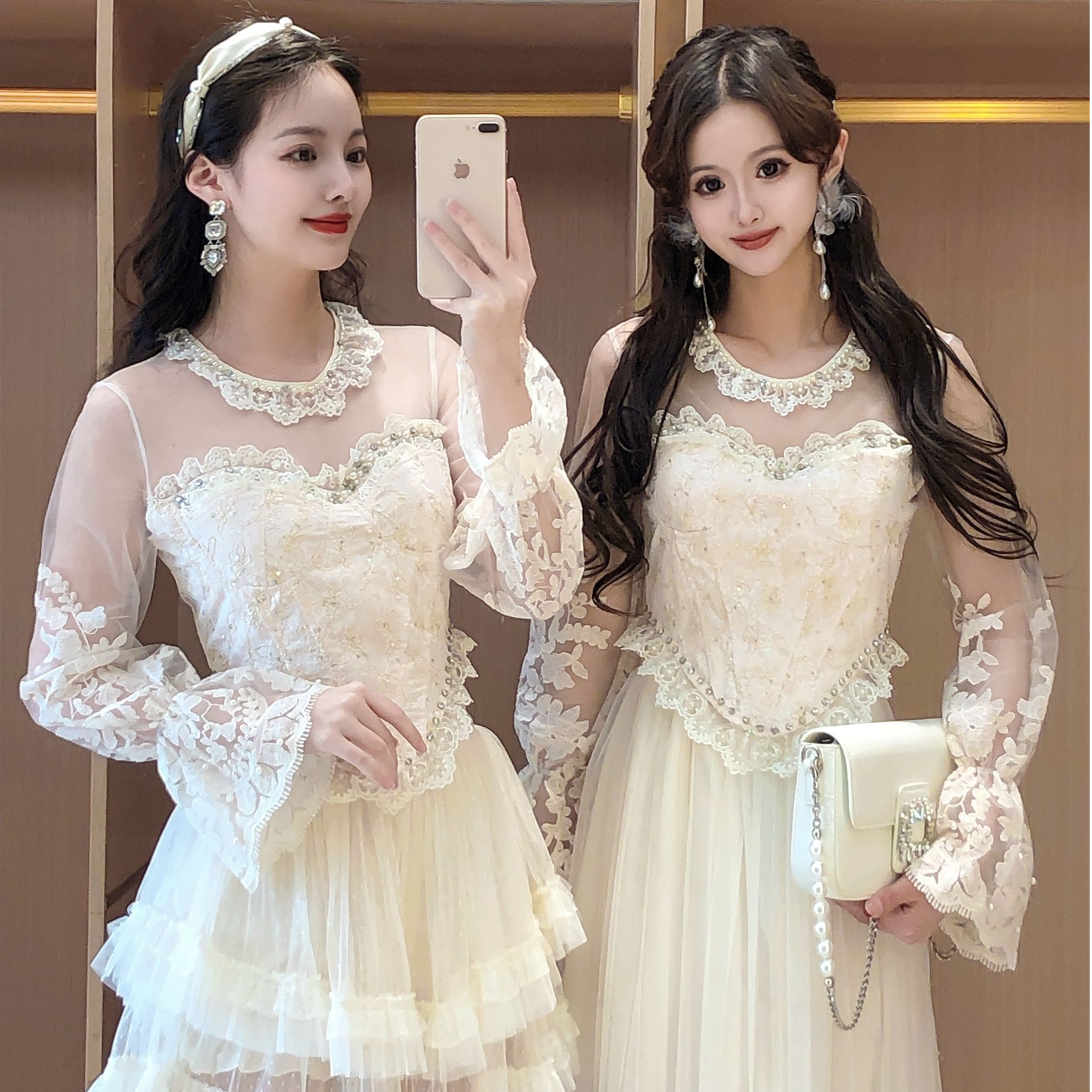 艾日秀法式甜美欧若风蕾丝网纱减龄洋气长袖半身裙两件套女E8440