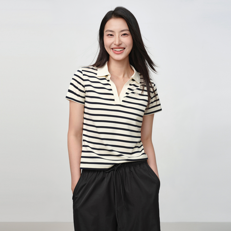 EP雅莹女装2025早秋新品 显瘦条纹棉质刺绣polo领T恤5351A