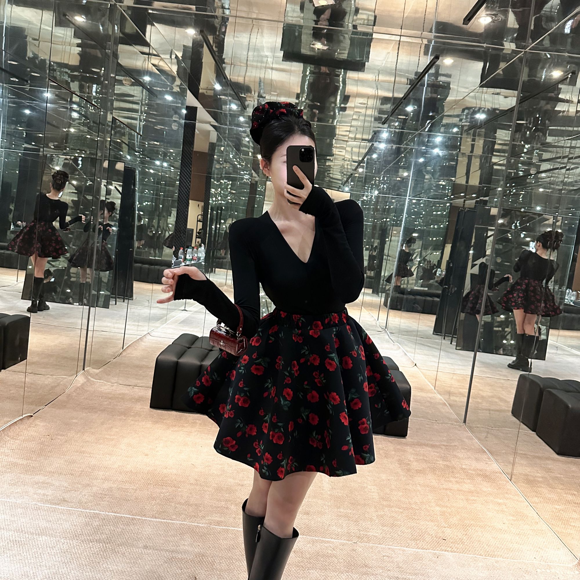 优雅经典法式半身裙百搭减龄穿搭不褪色高腰显瘦玫瑰蓬蓬裙套装