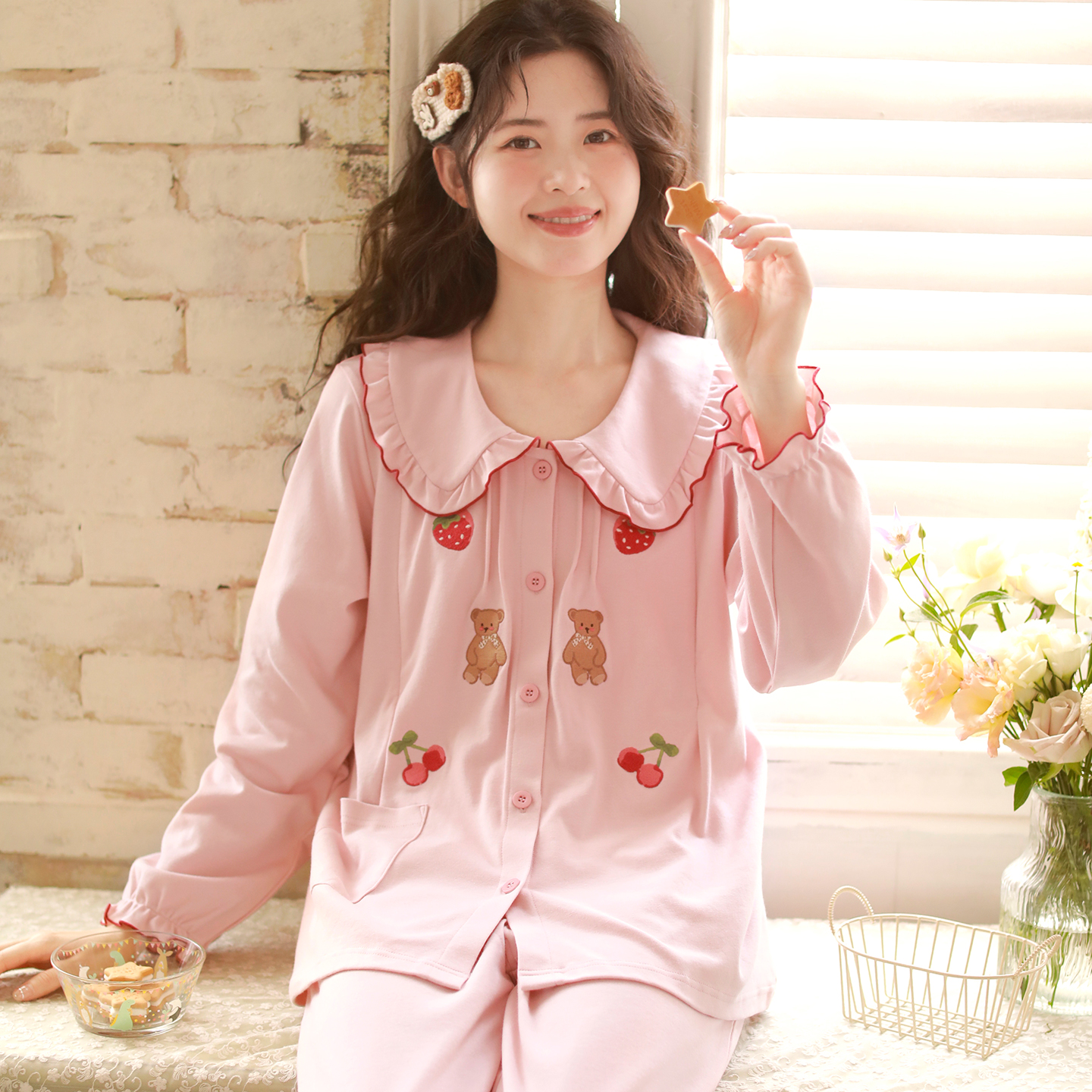 『水果小熊』富朵月子服春秋纯棉针织孕妇睡衣产后哺乳衣待产家居服