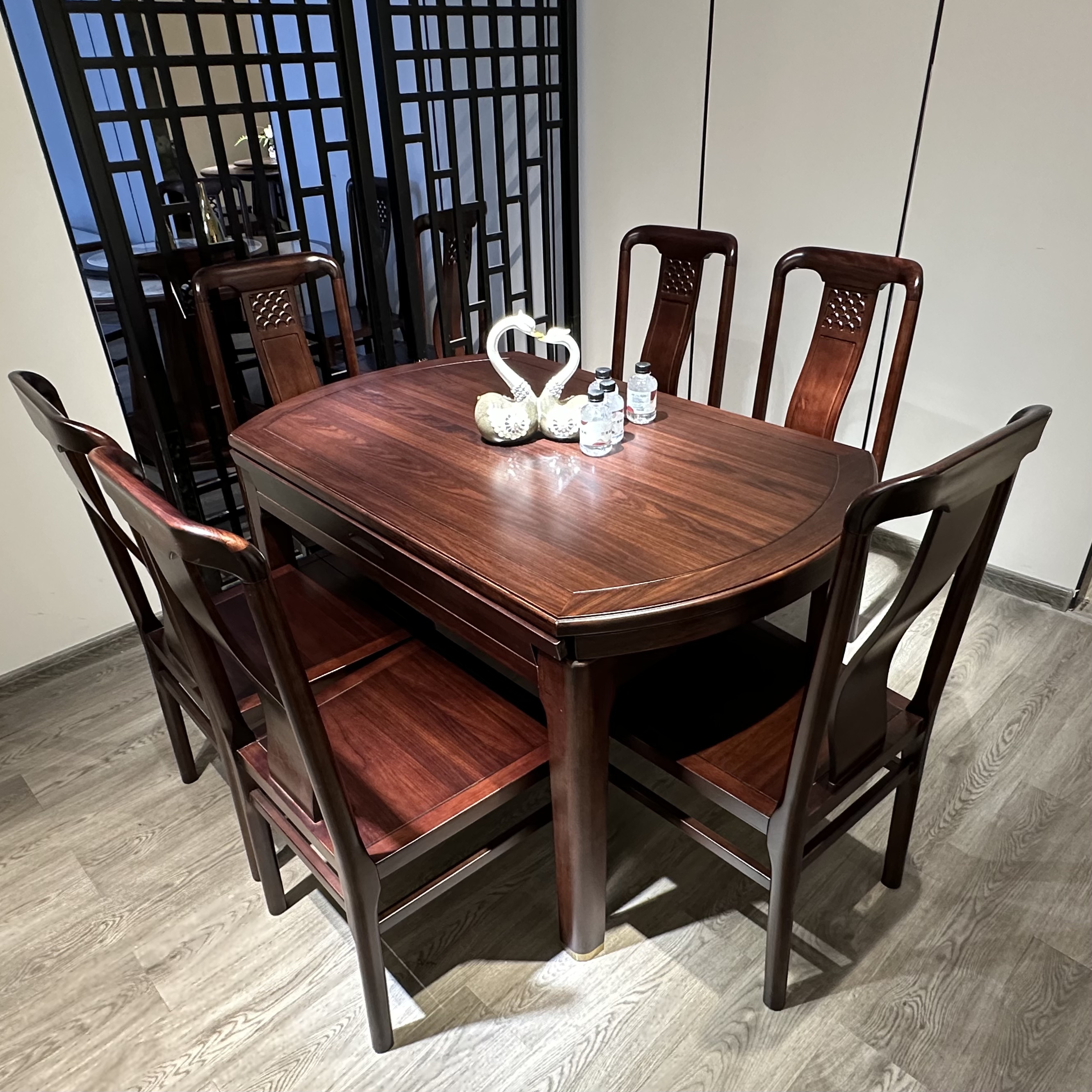 （敏歌家具）X805跳台圆桌餐桌X101椅子乌金木新中式家用饭桌餐桌