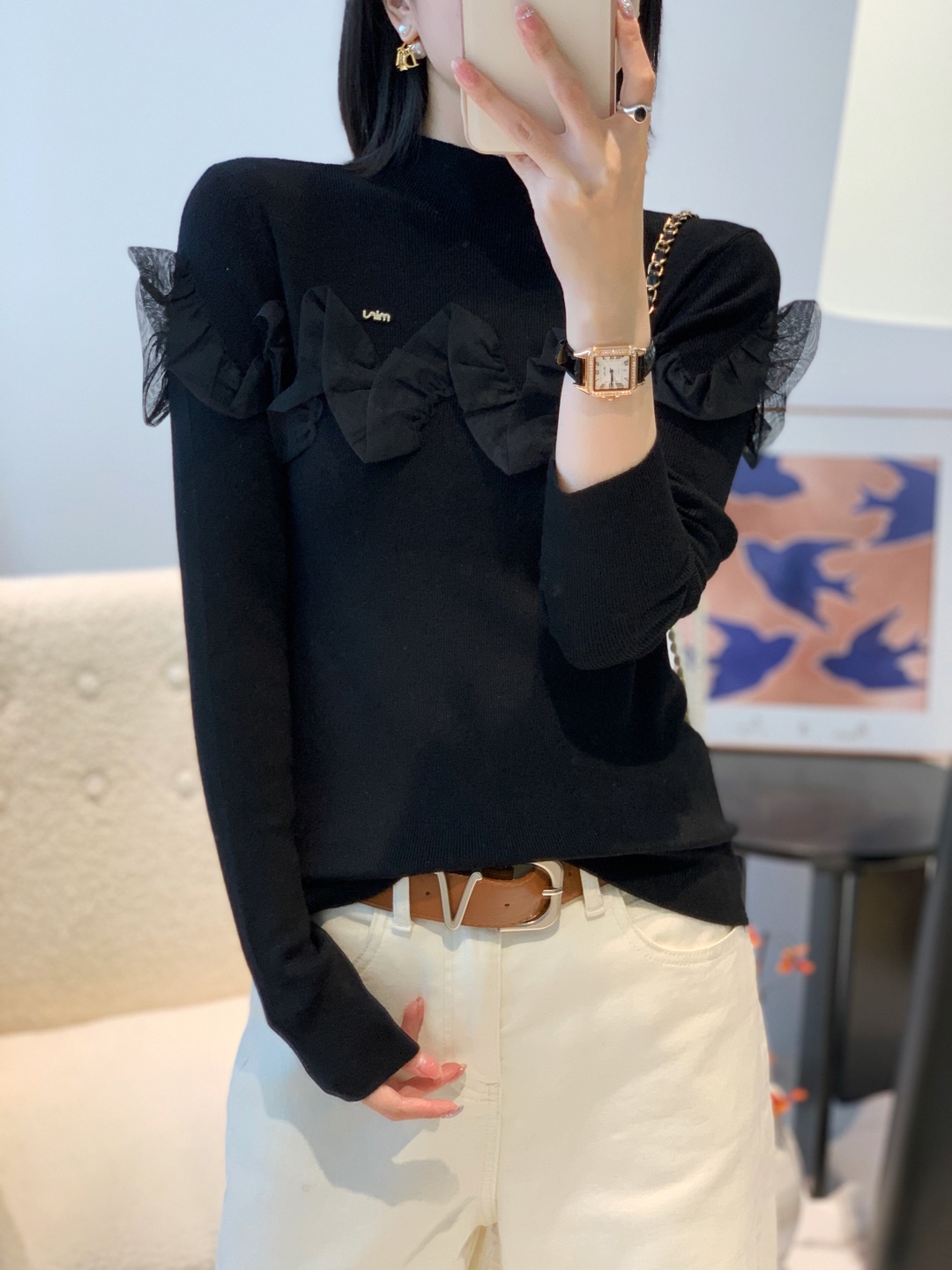 [ W i F i ]1923新款立领网纱花边长袖针织上衣（衣长60）