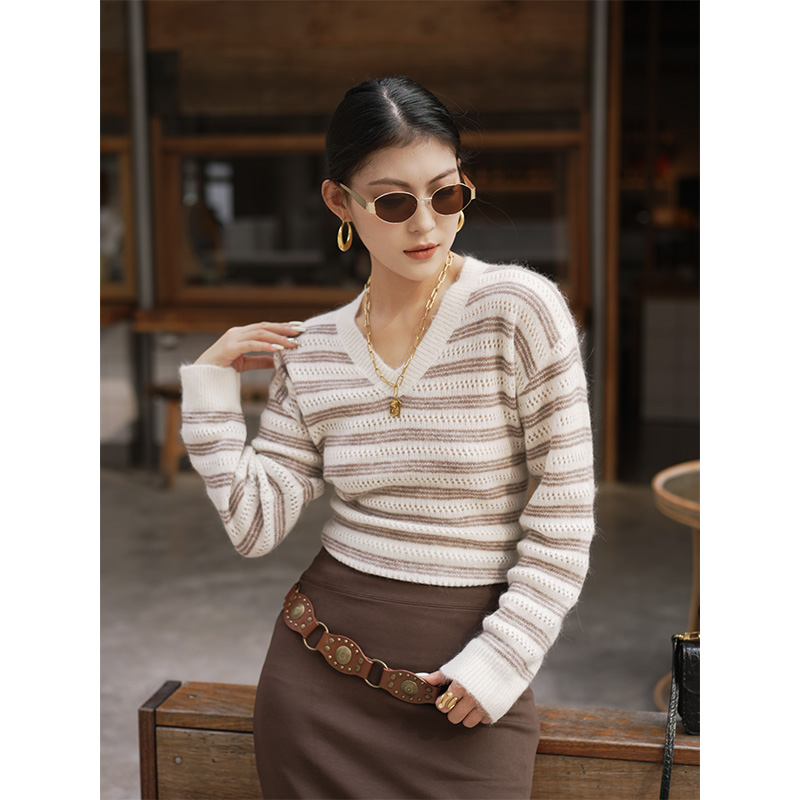 【RADI】原创设计毛针织衫条纹极简风时尚拼色V领夏季打底衫ND3517