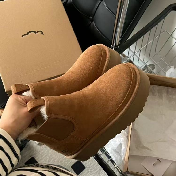 【u家正版】桑坡2025冬季新款切尔西雪地靴女款加厚羊皮毛保暖加绒