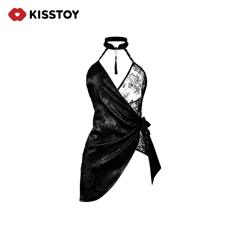 KISSTOY夜光内衣蕾丝睡衣性感纯欲睡裙小胸显大缎面新中式黑镂空