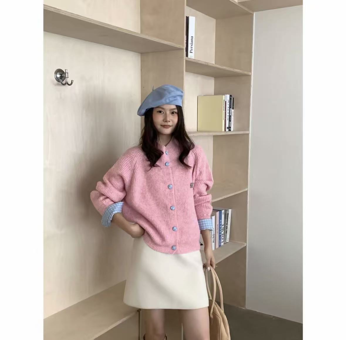 拼接慵懒风毛针织衫开衫时尚ins翻领针织宽松网红长袖