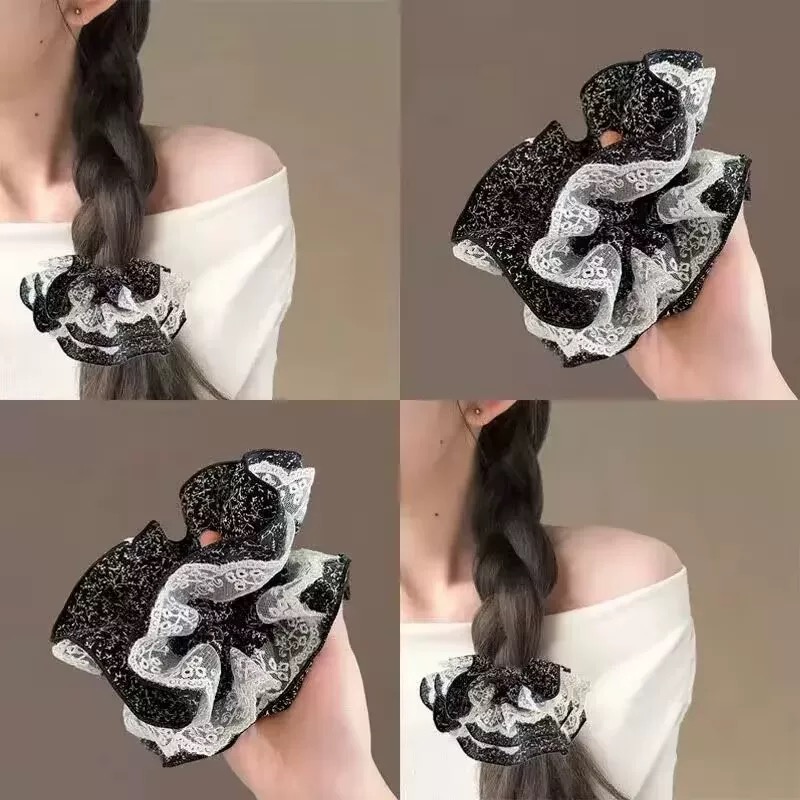 黑色洋气蕾丝双层碎花大头花后脑勺扎发发圈高级感时尚肠圈2303