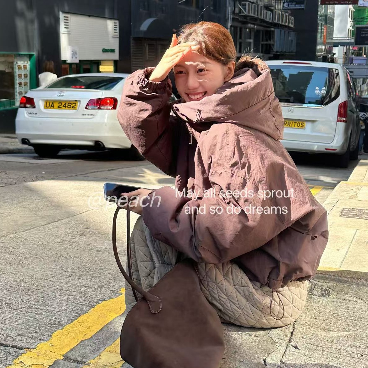 Peach自制 美式休闲小众设计感双拉链连帽羽绒服外套 0696