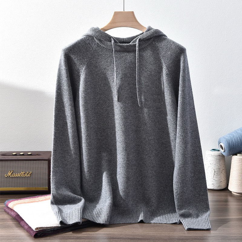 新品男士9针双股圆领一体帽衫570G一百分山羊绒休闲运动