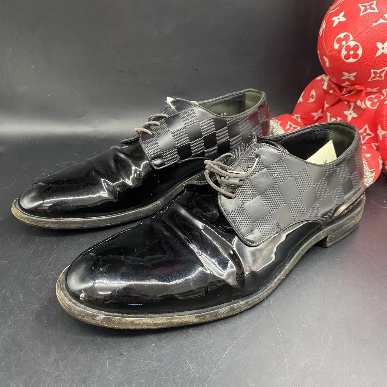 95新 LouisVuitton/路易威登 黑色棋盘格皮鞋40.5欧码ddm502
