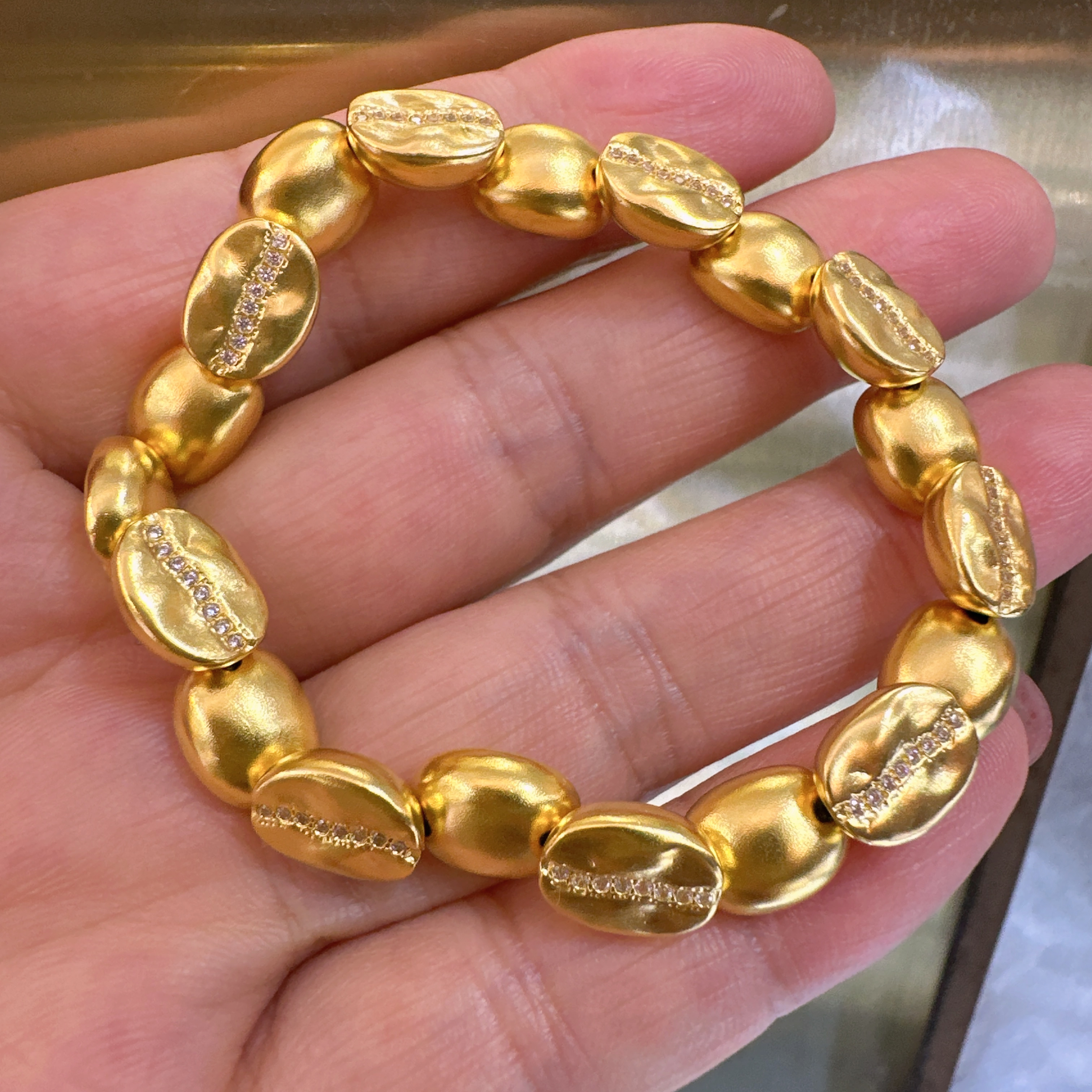 24k金足金999镶嵌莫桑钻咖啡豆小资情调手串