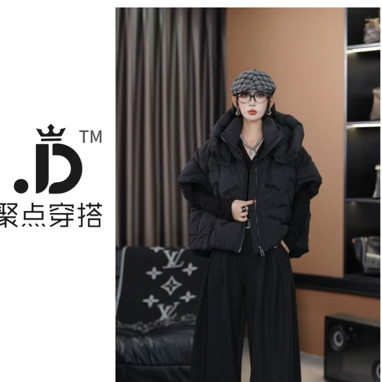 JUDIAN-【钉珠马甲】潮牌风短款大帽羽绒服8jd00515