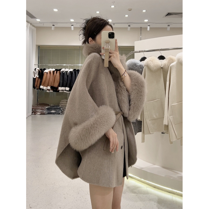 【千金名媛】斗篷双面呢羊毛大衣女羊毛外套狐狸毛领可拆毛呢外套