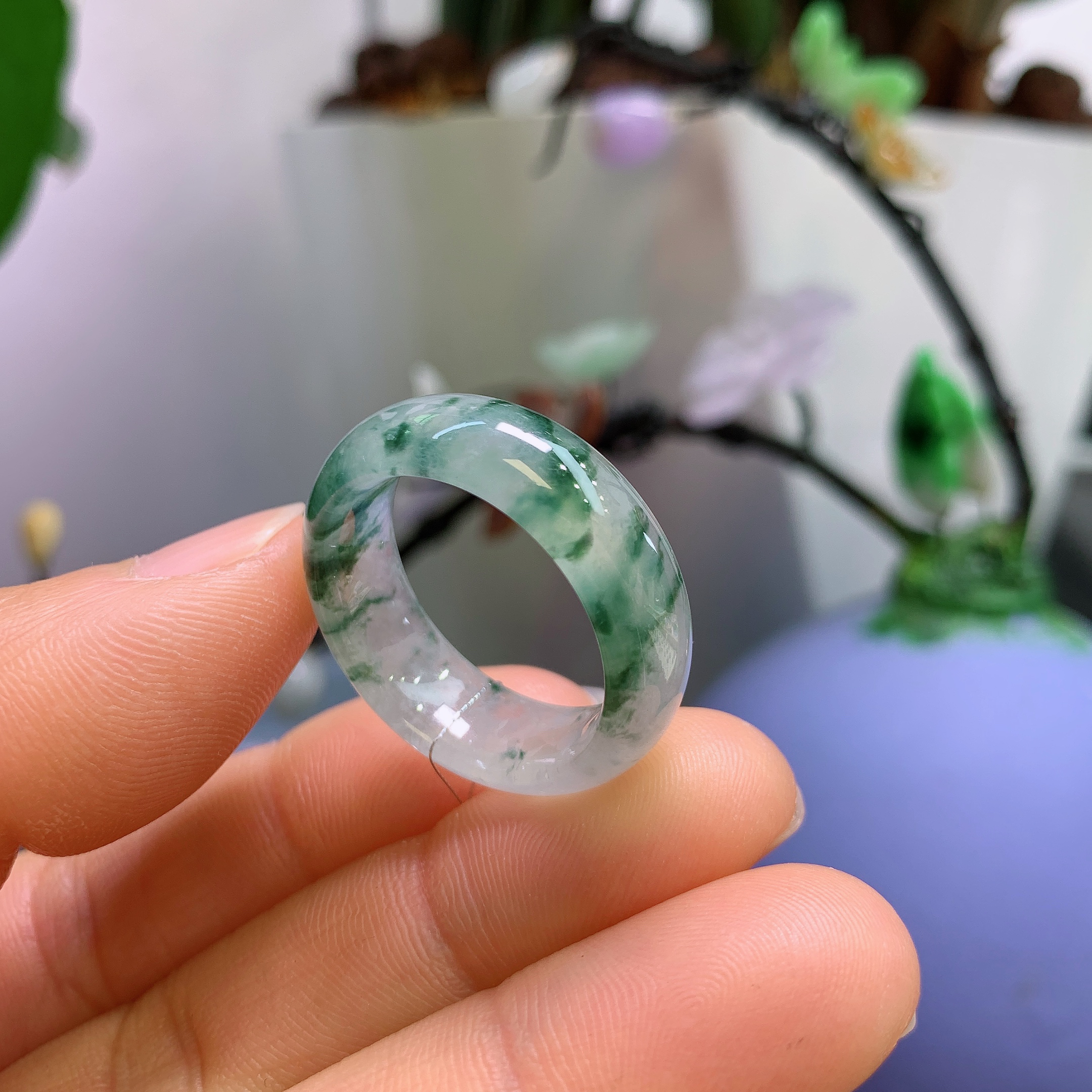 21-22圈口缅甸天然翡翠A货宽版冰润飘花戒指A470#