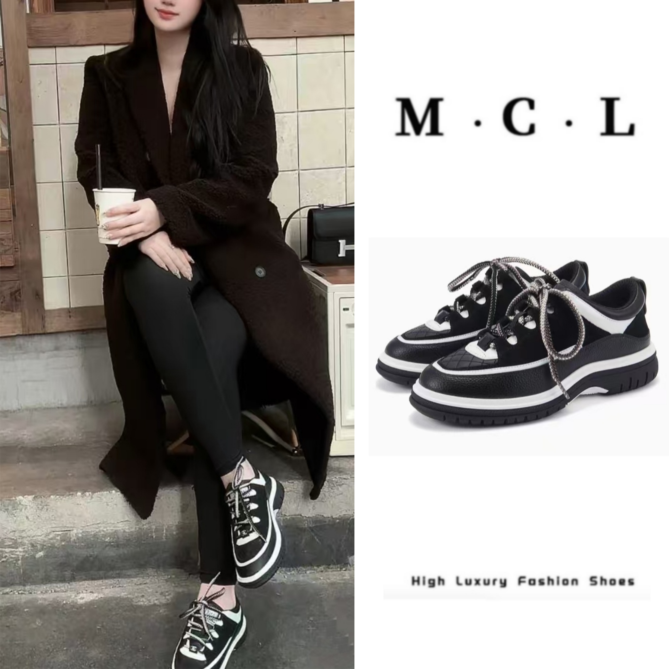 MCL熊猫拼色增高老爹鞋运动鞋春季厚底系带小香风百搭圆头