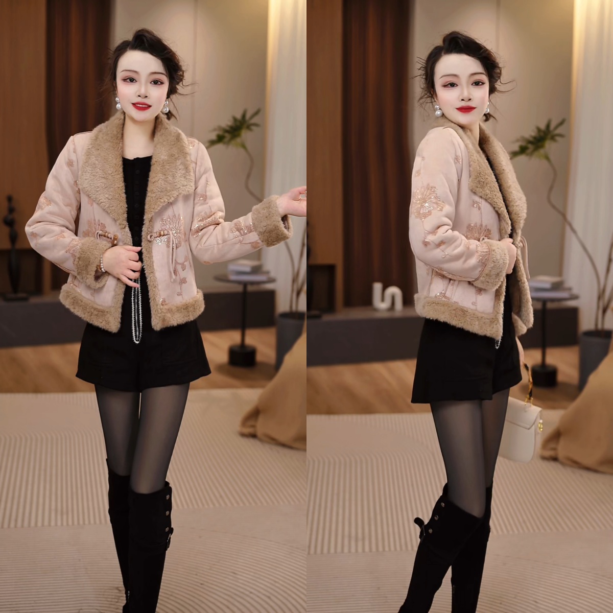 2025冬季新款时尚洋气百搭轻奢高级重工提花麂皮绒加厚外套M-4XL