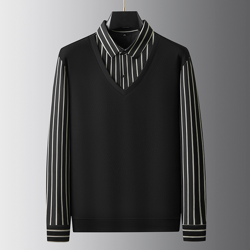 大码男装冬季加绒加厚假两件条纹衬衫领300斤加肥保暖休闲打底