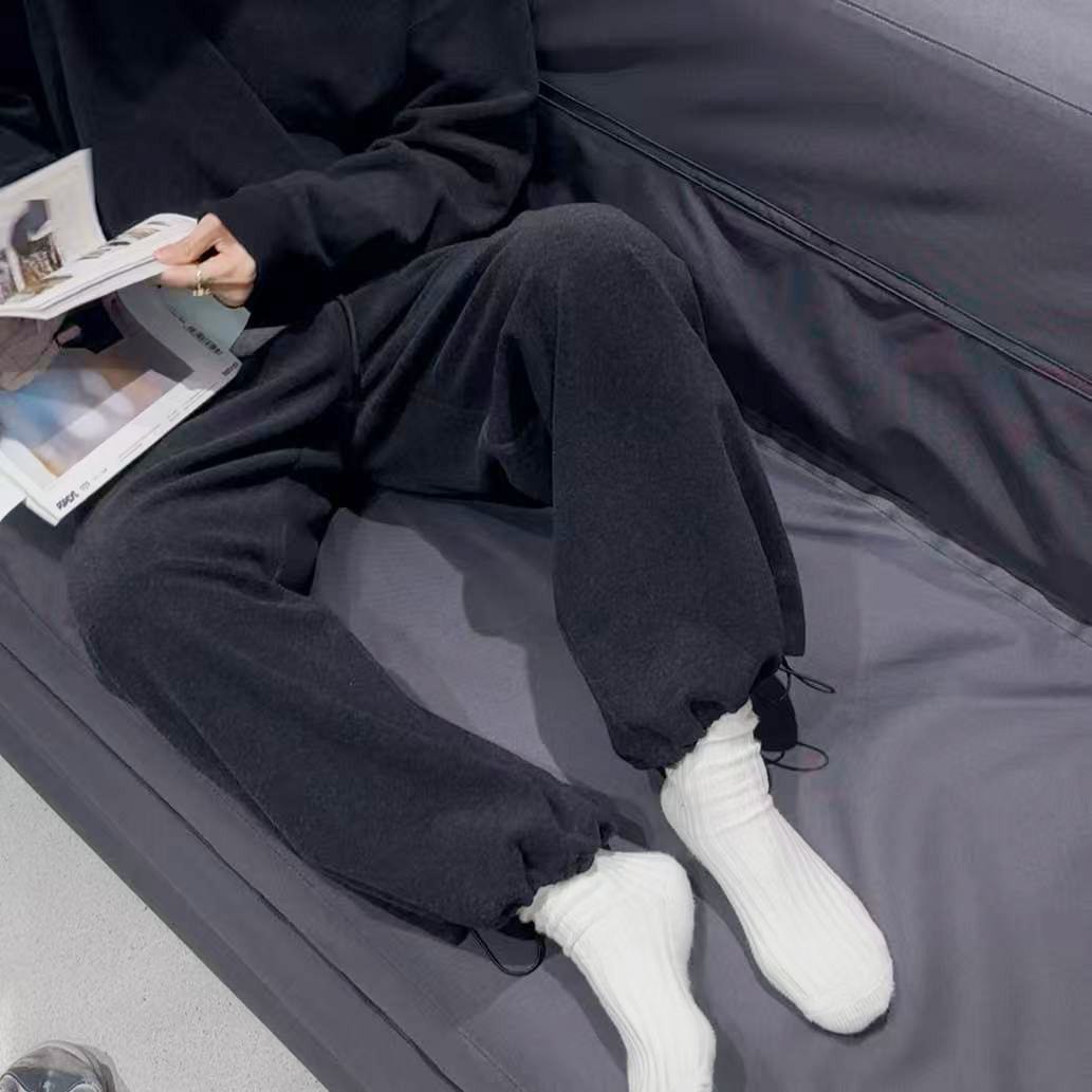 琴仔 黑灰色加厚含羊毛全松紧腰垂感抽绳直筒阔腿休闲卫裤 Z1277