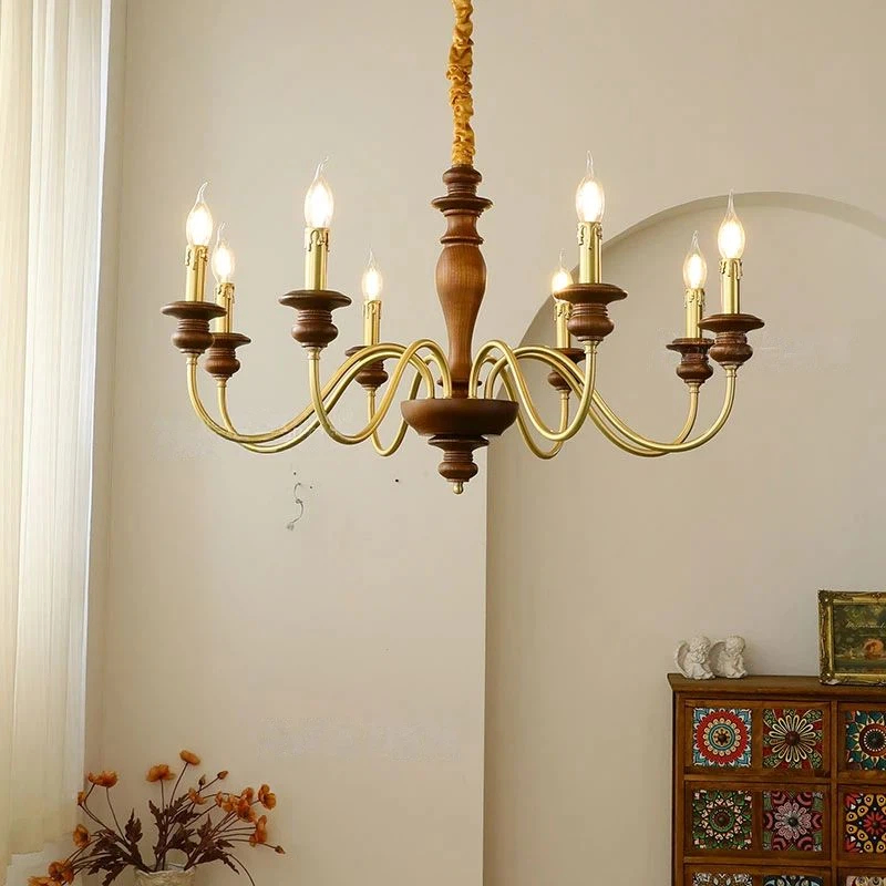 美式复古客厅蜡烛吊灯大厅主灯全铜白蜡木法式中古餐厅卧室吊灯