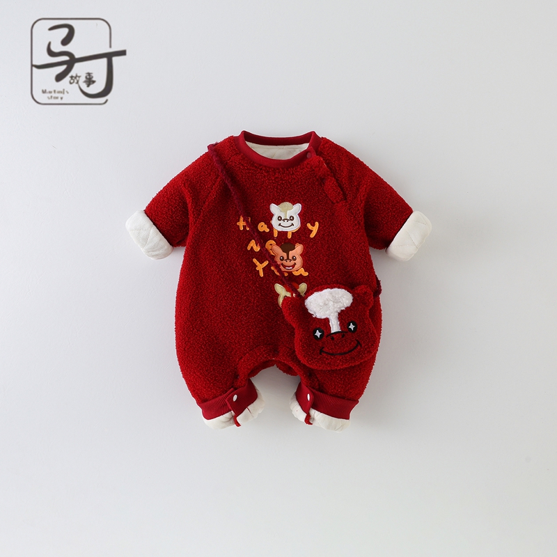 婴儿衣服冬装拜年服新生宝宝夹棉连体哈衣百天周岁过年外出新年装