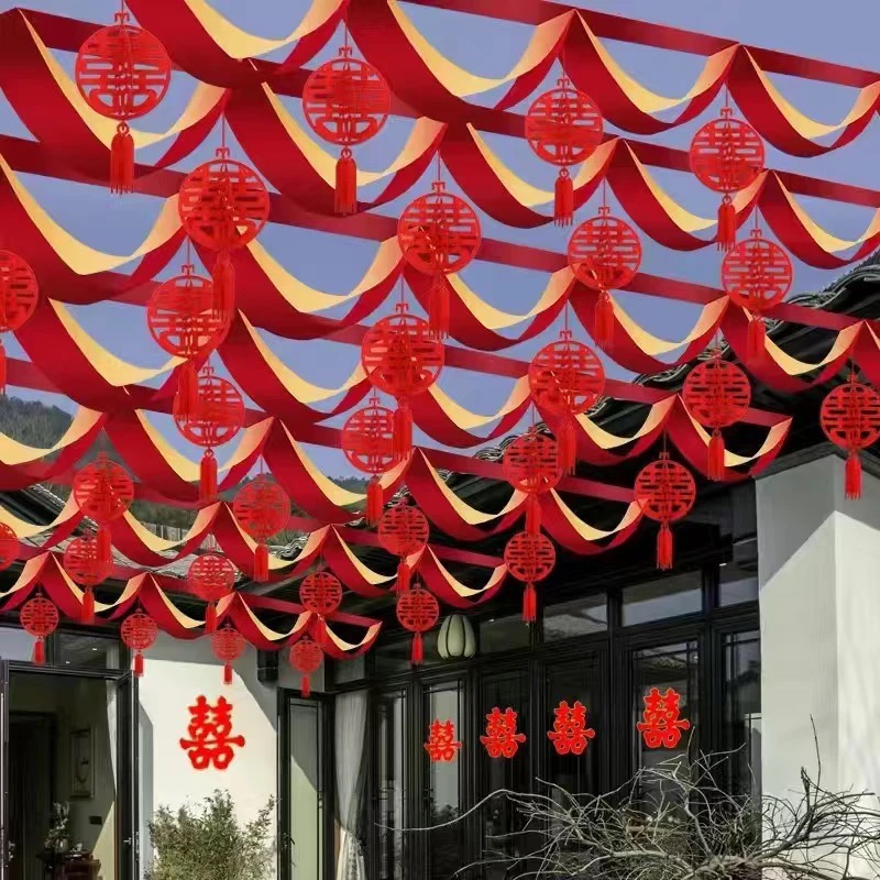 结婚专用波浪旗拉花喜字挂件装是农村院子房顶婚礼布置装饰大全