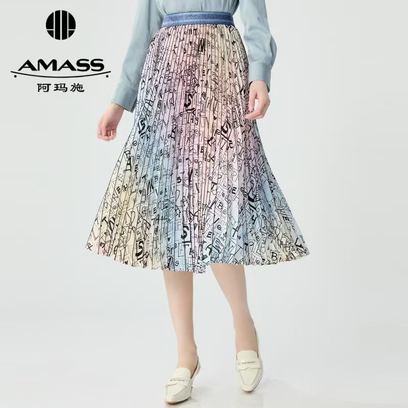 阿玛施AMASS 渐变晕染布片印花压褶半身裙5200409