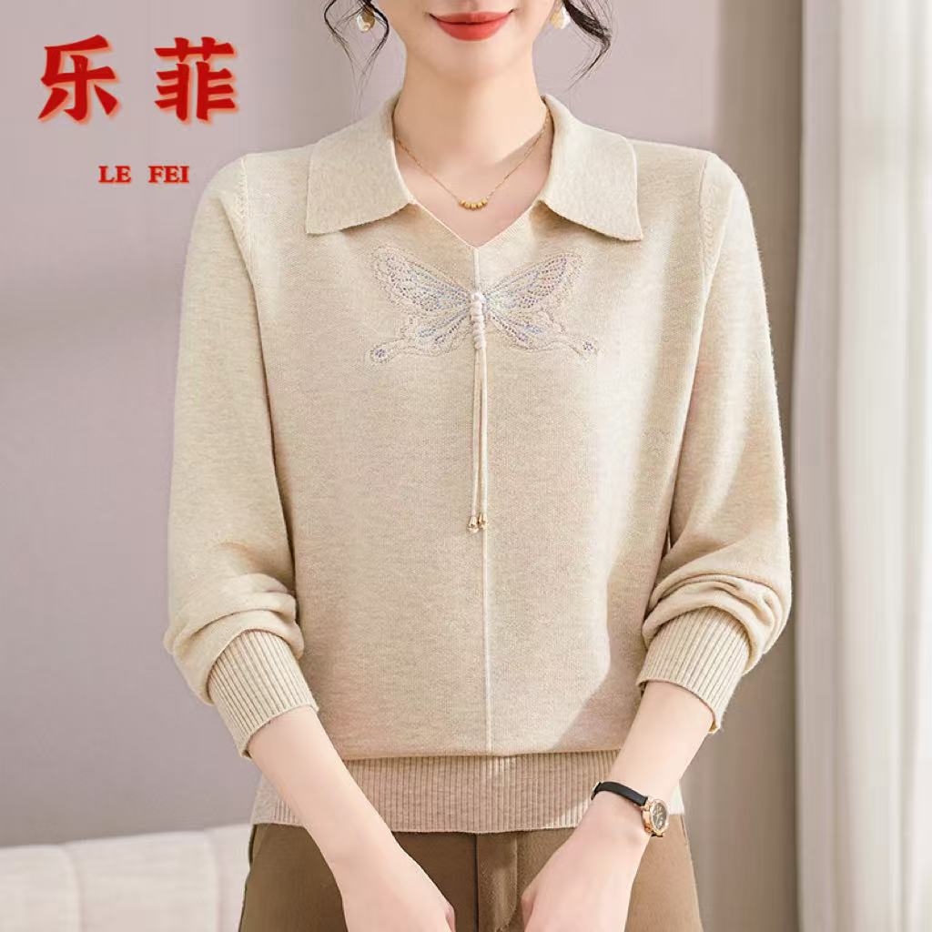 妈妈装2025秋冬季洋气翻领针织小衫中老年时尚减龄打底宽松上衣