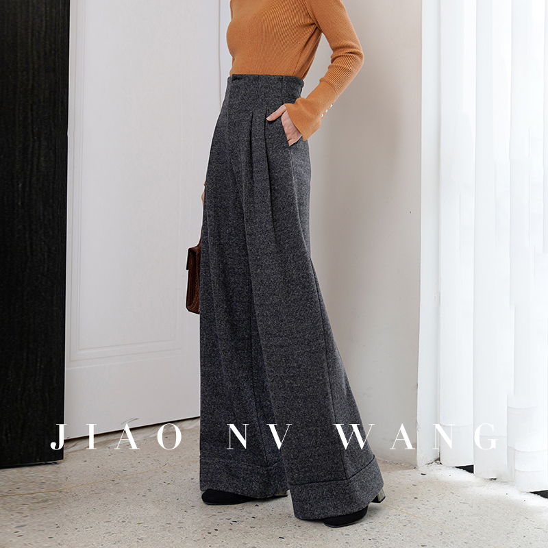 毛呢阔腿裤女高腰垂感拖地秋冬加厚新款宽松甩裤显瘦直筒休闲裤子