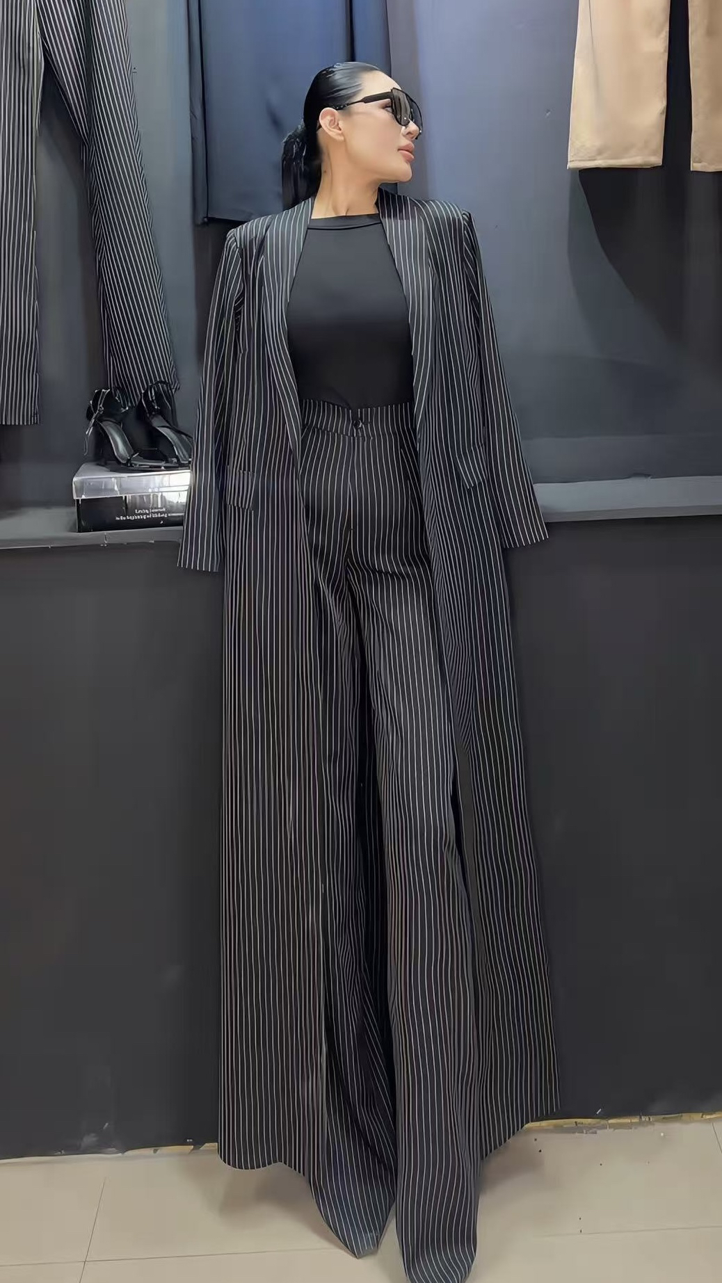 网红高质感穿搭条纹御姐风爵士套装时尚韩版宽松气质